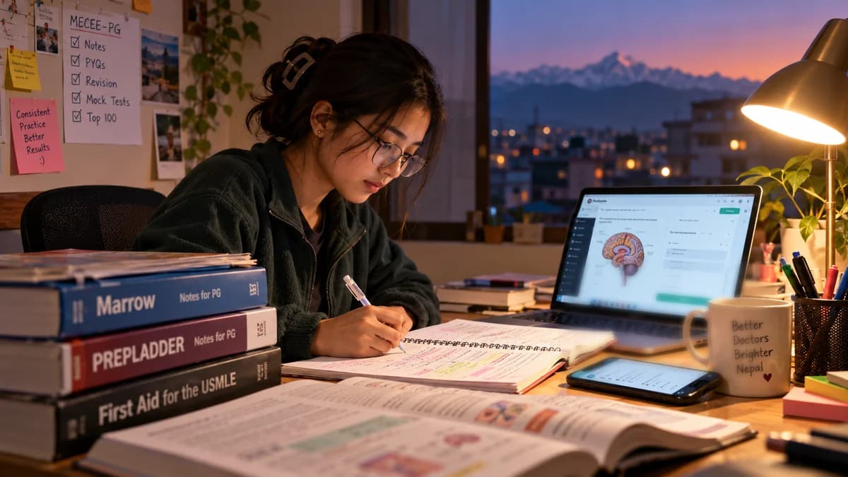 Illustrative image of a Nepali medical graduate reviewing exam notes, previous-year questions and practice materials at a study desk
