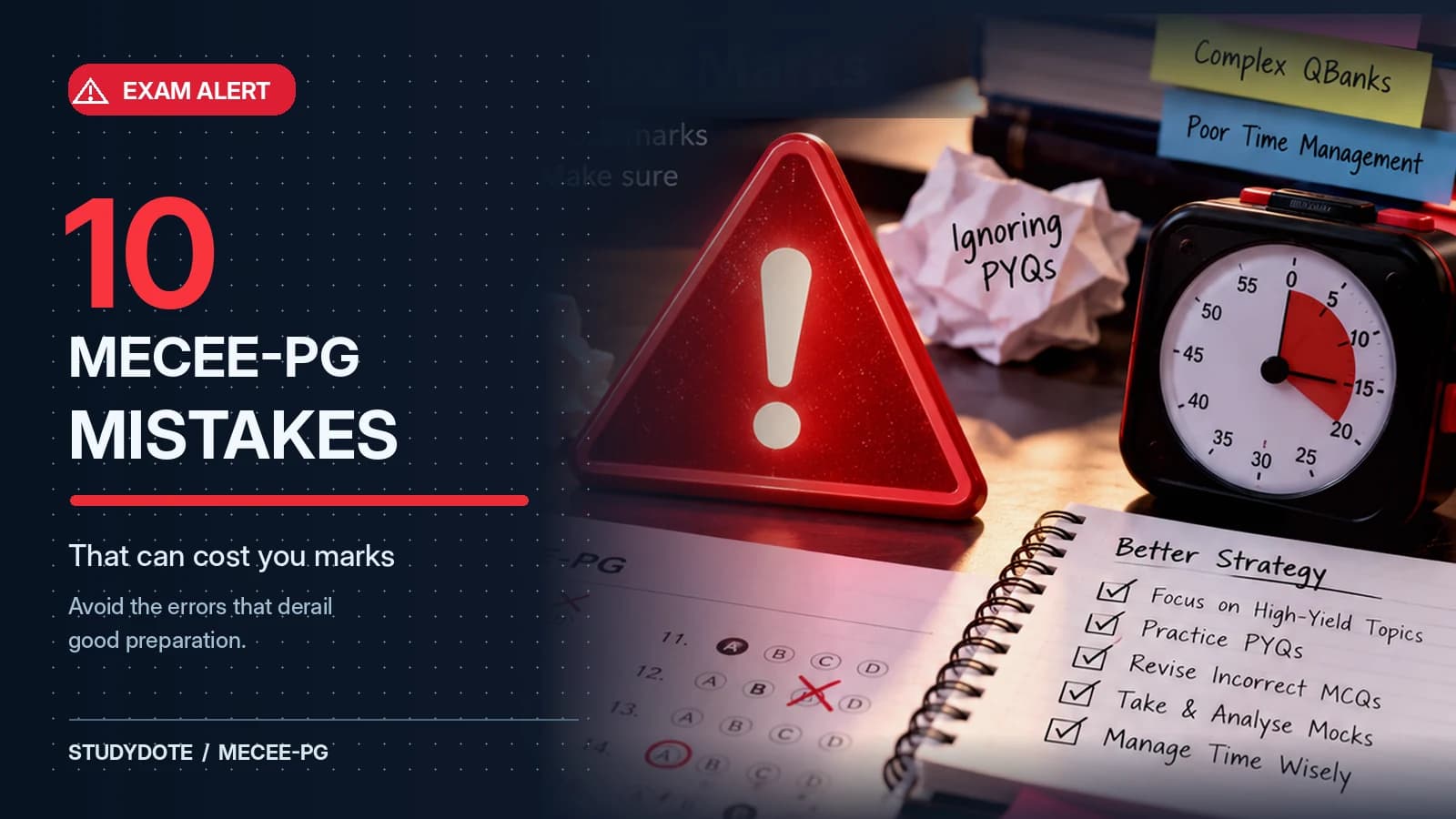Red exam alert graphic with warning triangle, marked MCQ papers and stopwatch illustrating ten avoidable MECEE-PG mistakes