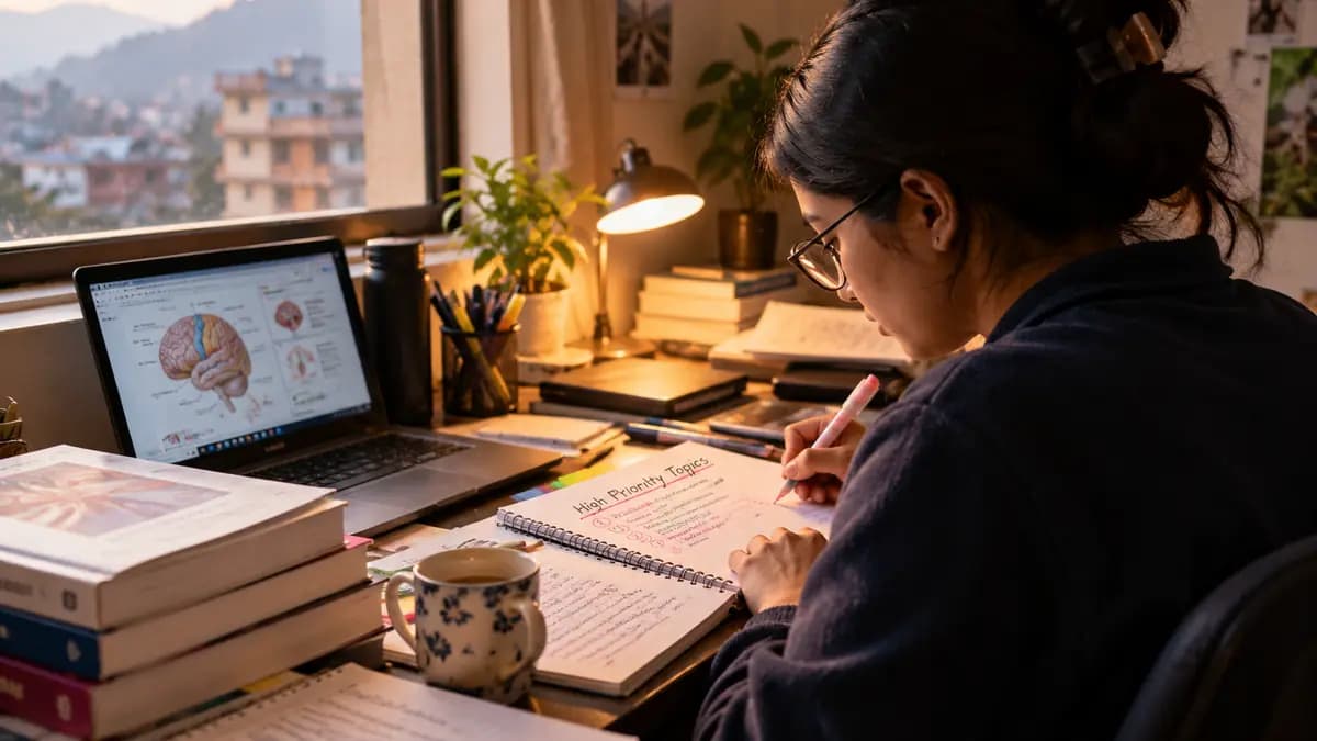 Illustrative image: Medical graduate revising high-priority topics at a home study desk